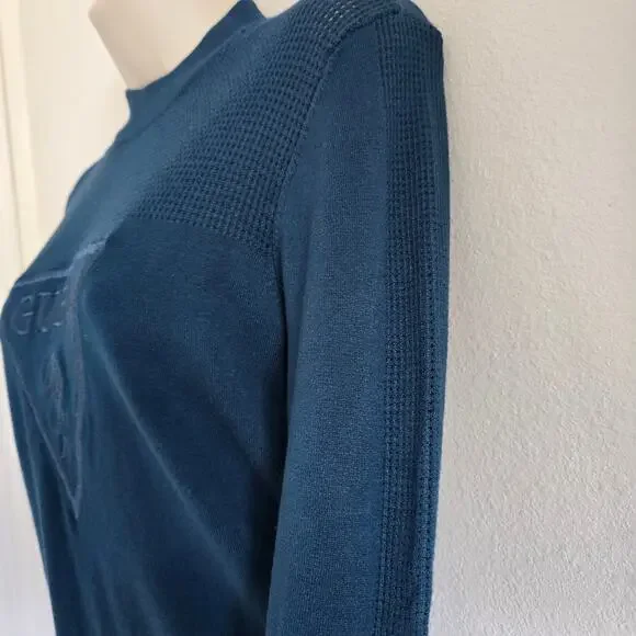 Guess Womens Logo Embroidered Mock Neck Sweater Size L Blue Long Sleeve Y2K - Picture 4 of 9